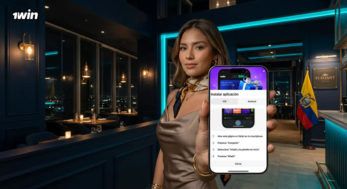 Mujer mostrando en su celular las instrucciones para instalar la app de 1win, con la bandera de Ecuador al fondo