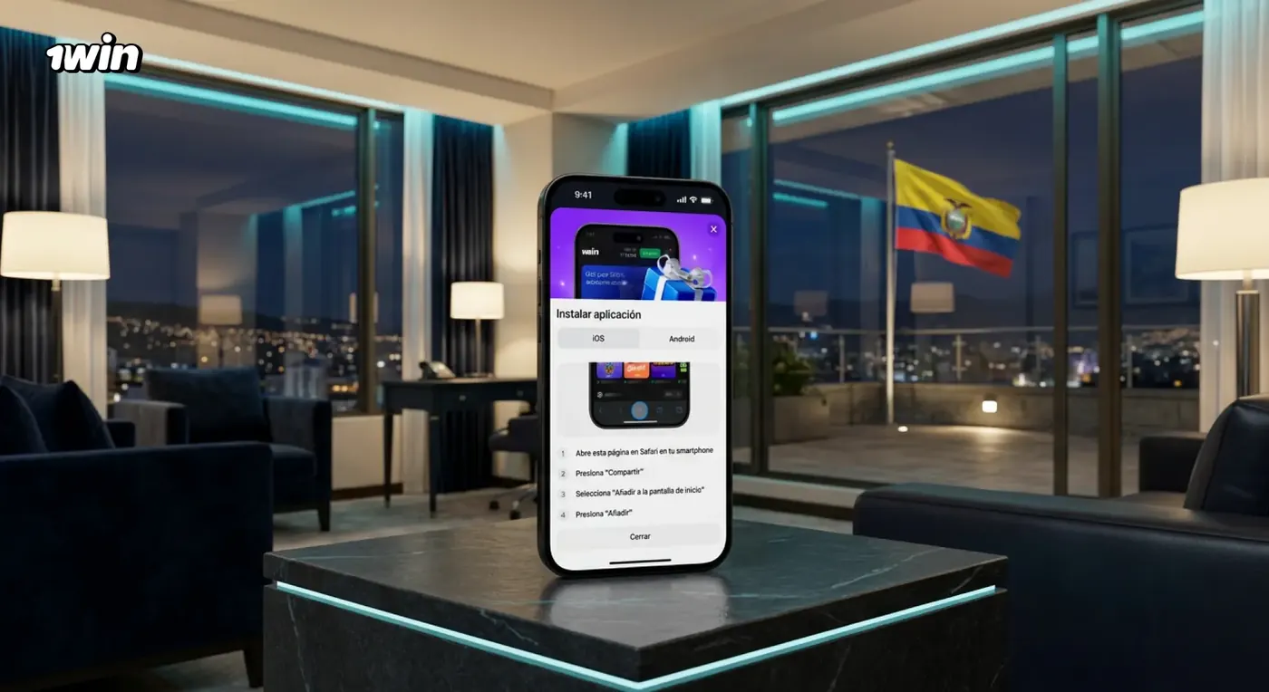 Celular con las instrucciones para añadir 1win a la pantalla de inicio, sobre una mesa en un penthouse con la bandera de Ecuador