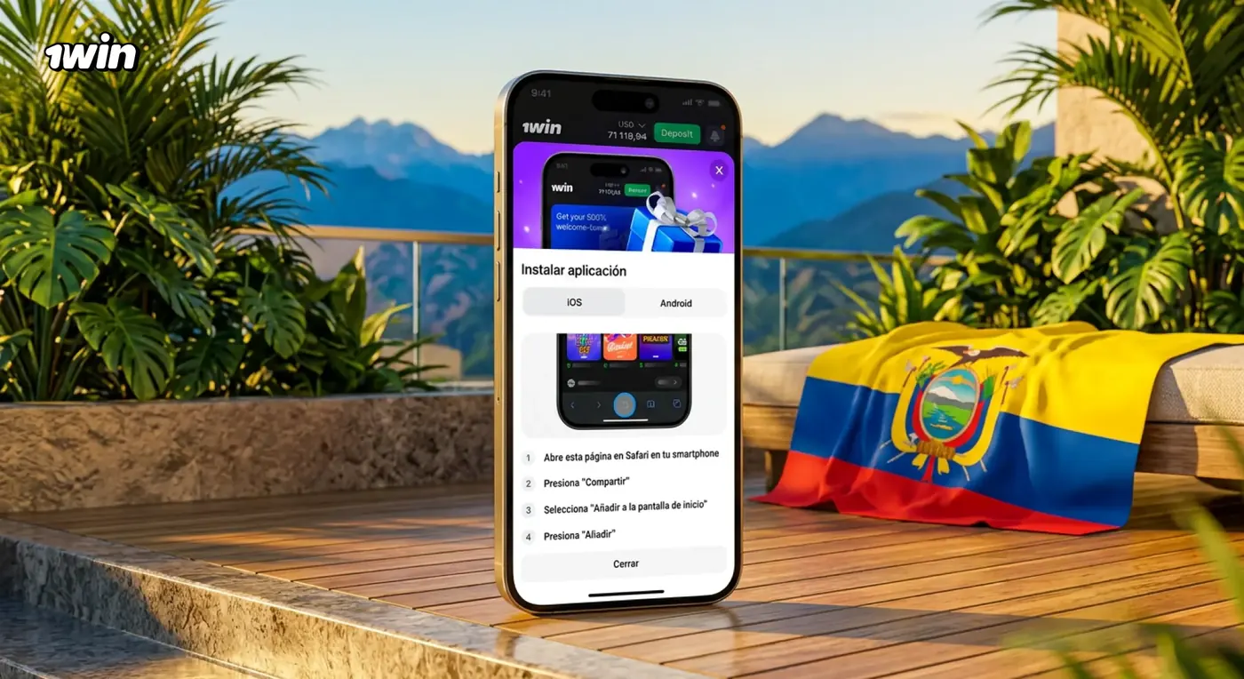 Celular con la pantalla Instalar aplicación de 1win sobre una terraza con montañas y una bandera de Ecuador