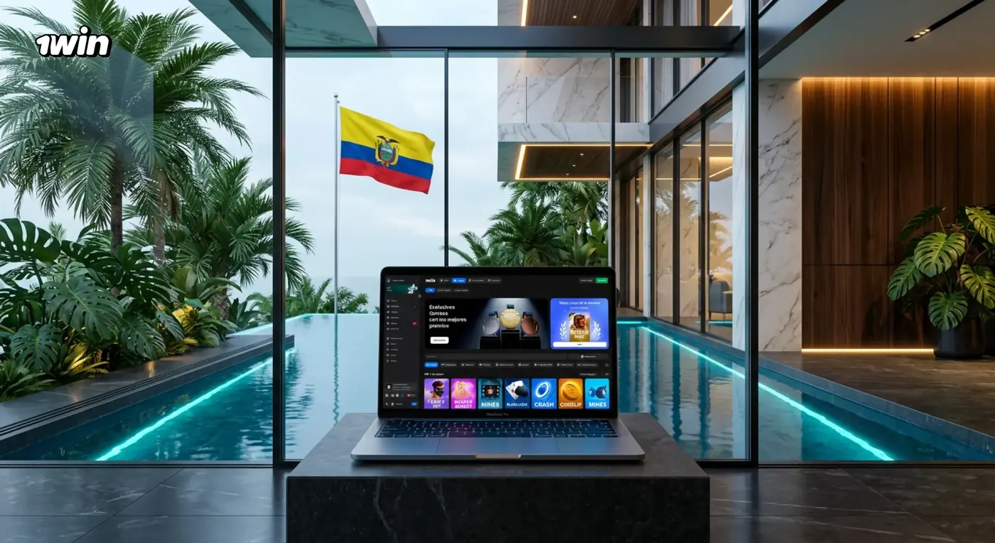 Laptop con el lobby de 1win sobre un pedestal junto a una piscina y la bandera de Ecuador