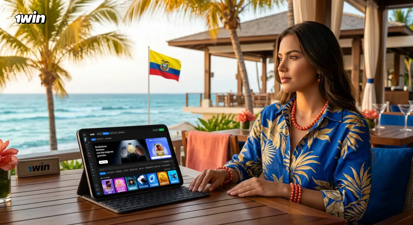 Mujer con blusa floral y una tablet con la web de 1win en una terraza frente al mar, con la bandera de Ecuador