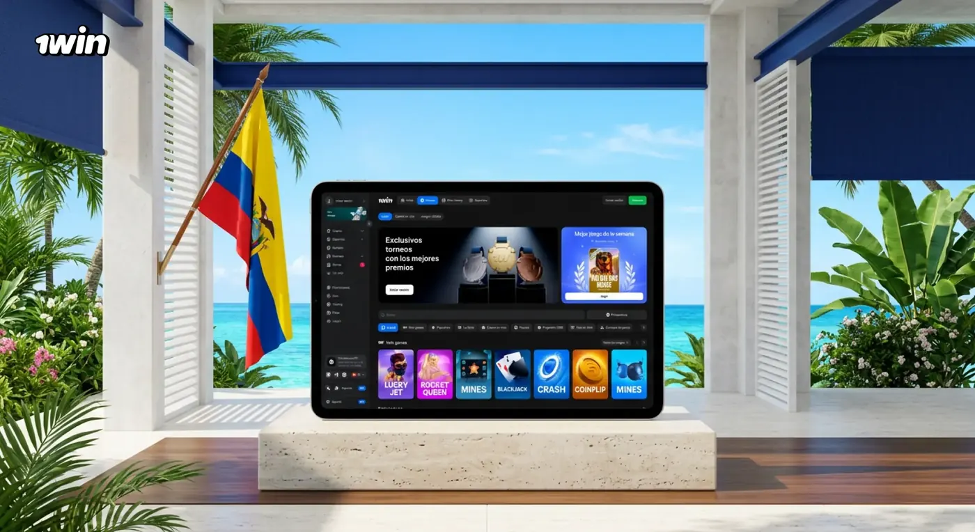 Tablet con la web de 1win sobre un pedestal en un pabellón frente a la playa, con la bandera de Ecuador